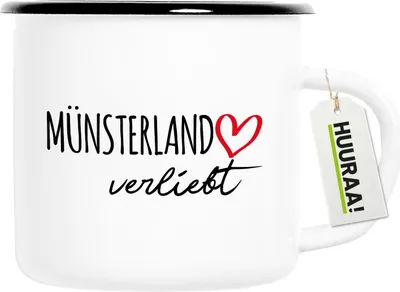 Produktbild von Huuraa Emaille Tasse Münsterland verliebt 300ml Vintage Campingbecher Geschenkidee
