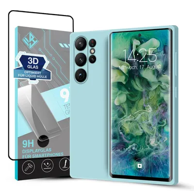 Produktbild von Hülle für Samsung Galaxy S23 Ultra mit 9H Displayglas Displayschutz Case Cover Bumper Smartphone Softgrip Schutzhülle Farbe: Hellblau