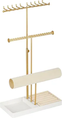 Produktbild von PolkaHome® Verstellbarer Schmuckständer mit 3 Ebenen, 20 Haken, 18 Ohrringlöchern, Armbandhalter, 6 Ringrollen, Schmuckablage für