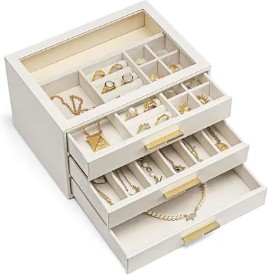 Image de Boîte de rangement pour bijoux - Organisateur de bijoux - Rangement de bijoux - Design à 3 niveaux - Grande capacité - Beige