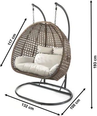 Produktbild von Kobolo Hängekorb Hängesessel BRUNO Polyrattan für zwei Personen inkl Gestell und Kissen - Gartensessel Hängeschaukel Hängesitz Schaukel Hanging basket
