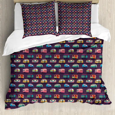 Immagine prodotto di ABAKUHAUS Set copripiumino Happy Camper, grazioso motivo retrò a tema viaggi con grafica colorata di furgoncini, 155 x 220 cm + 80 x 80 cm, multicolore