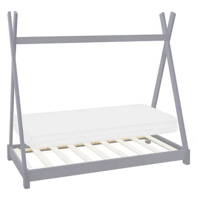 Produktbild von ML-Design Kinderbett Tipi 70x140 cm mit Matratze & Lattenrost, Hellgrau, Indianer Bett aus Kiefernholz Bodenbett Holzbett