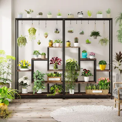 Image de Tribesigns Porte-fleurs, Étagère pour plantes à 5 niveaux avec 10 crochets en S, 180cm de haut Porte-plantes en métal Étagère pour fleurs pour balcon intérieur Salon (Marron)