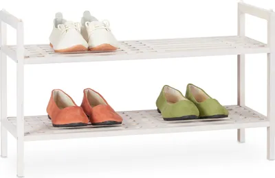 Produktbild von Relaxdays Schuhregal stapelbar, Schuhablage mit 2 Etagen, Walnuss, Landhaus, bis zu 6 Paar Schuhe, HBT 41x69x27 cm, weiß