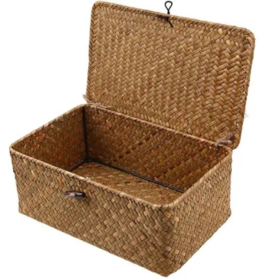 Produktbild von Geflochtene Aufbewahrungsbox mit Deckel – Set aus zwei Teilen – Rechteckiger Seegraskorb und Aufbewahrungskorb mit Deckel – Aufbewahrungsregal und Regalorganizer aus Rattan