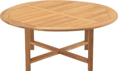 A round wooden dining table with a cross-shaped base, shown against a white background.