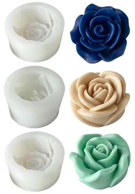 Immagine prodotto di 3 stampi in silicone a forma di rosa e camelia, ideali per realizzare candele, saponi e decorazioni