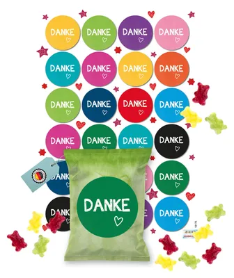 Produktbild von 24 Fruchtgummi Tütchen Danke bunt – Dankeschön Geschenke mit farbigen Aufklebern