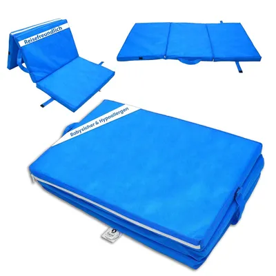 A collage of images showing a blue folding mattress for a travel cot in different configurations.