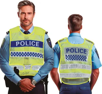 Productafbeelding van Politiekostuum, carnavalsvest, verkeersreglementen uniform, carnavalspak, feestkleding, politieaccessoire, kleur: geel