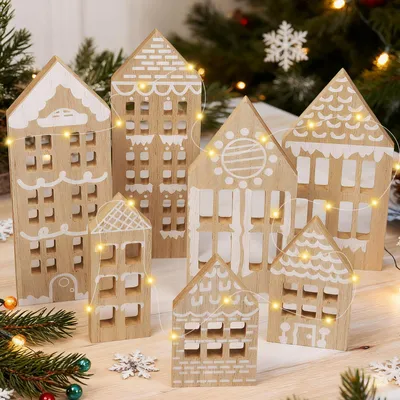 7 Holz-Weihnachtshäuser mit LED-Lichterkette, Tischdeko