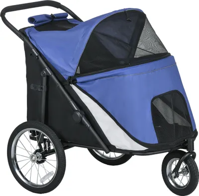 Immagine prodotto di Fortuna Lai Carrello per cani Buggy pieghevole con finestra in rete Cinghia di sicurezza Grandi ruote in gomma fino a 30 kg Blu Oxford Per cani e gatti