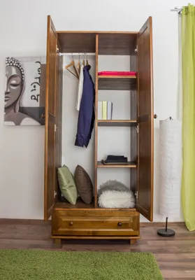 Produktbild von Kleiderschrank Kiefer Vollholz massiv Eichefarben 2-türig 190x80x60 cm mit Kleiderstange, Schublade und Fächern