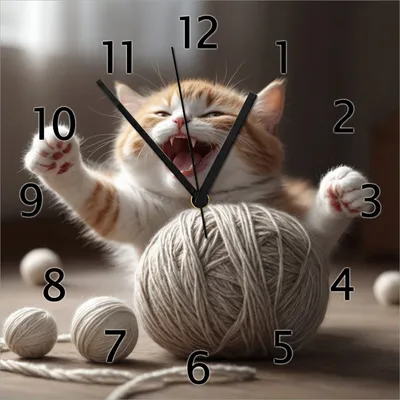 Produktbild von Wallario Design Wanduhr Katze mit Wollknäuel aus Echtglas, Größe 30 x 30 cm