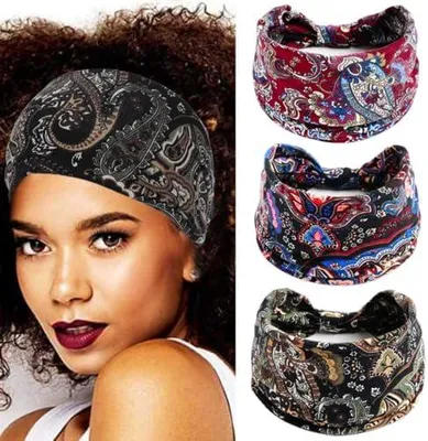 Produktbild von Breite elastische Blumen-Stirnbänder mit Knoten für Yoga, als Vintage-Kopftuch und Haarschmuck für Damen und Mädchen (3 Stück)