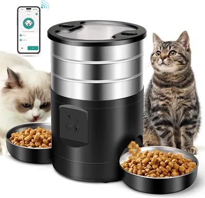 Produktbild von Automatischer Katzenfutterautomat, 4,5 l, 2,4-G-WLAN-Katzenfutterspender, 2 Näpfe, Edelstahl-Verstopfungsschutz, 24-Stunden-Timer für Hunde und Katzen