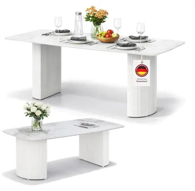 Produktbild von HOOZ Esstisch & Couchtisch Set Keramik Marmoroptik – kratzfest & hitzebeständig – Wohnzimmertisch 180×90 / 130×70cm – modernes Säulengestell – Weiß