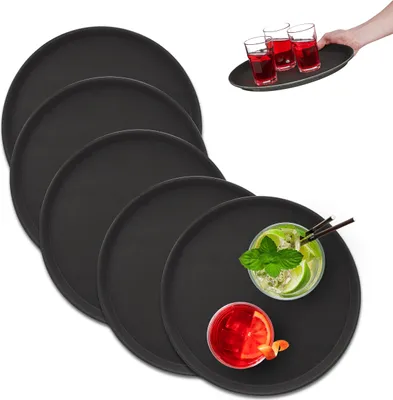 Image de Lot de 5 plateaux de service Relaxdays, surface antidérapante, plateau de serveur rond, boissons, restauration, Ø 35 cm, noir