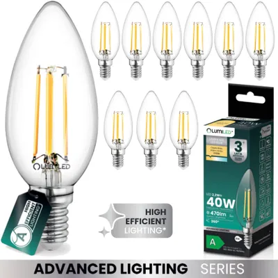 Obrázek produktu pro LUMILED Sada 10 žárovek LED Ultraúčinná žárovka B35 E14 Energetická třída A 2,2 W 470 lm nahrazuje 40W 2700K Teplá bílá svíčka Vlákno čiré sklo 360° úhel vyzařování Nestmívatelné