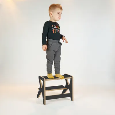 Produktbild von Kleinkind-Tritthocker schwarz, Küchen-Tritthocker, 2-Stufen-Hocker, Badezimmer-Tritthocker, Kindermöbel, Montessori-Lernhocker