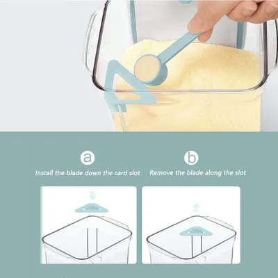 An instructional image showing how to install and remove a blade from a milk powder storage container.