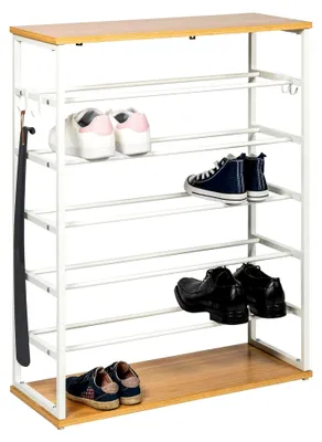 Produktbild von Schuhregal für bis zu 18 Paar Schuhe, 2 Holzablagen, 4 Haken (weiß)
