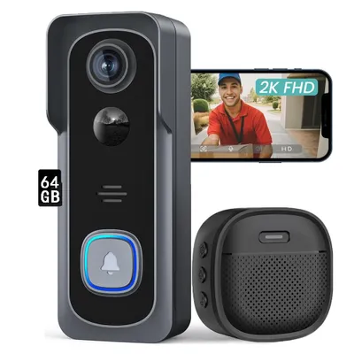 Obrázek produktu pro Video zvonek WLAN 3MP kamera venkovního zvonku, 2,4/5 GHz WiFi, detekce osob, se zvoněním, 166° širokoúhlý záběr, šedá, 64GB paměťová karta