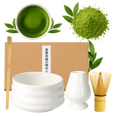 Produktbild von Matcha Set Keramik 4-teilig – Matcha-Schale – Bambus-Schneebesen – Halter – Bambuslöffel – Weiß