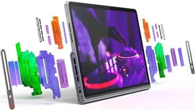 An exploded view of a tablet with its internal components shown separately, highlighting its modular design.