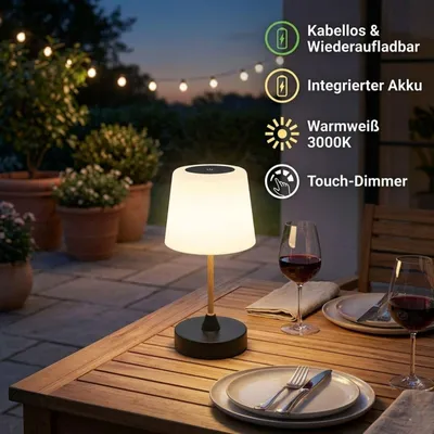 Produktbild von Akku Tischleuchte Briloner LED 3W Tischlampe IP44 Außenleuchte Dimmbar Touch USB Aufladbar Schwarz Holzoptik
