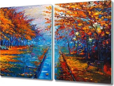 Produktbild von Coloray Herdabdeckplatte 2x40x52 cm Schneidebrett Kochplattenabdeckung Küchenbrett Hackbrett - Park Blätter im Herbst