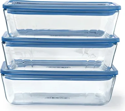 Three glass food containers stacked on top of each other.