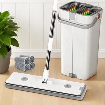 Obrázek produktu pro Sada na mytí podlah, obsahující kbelík, 4 utěrky z mikrovlákna, ocelovou tyč o délce 135 cm, funkci pro vymačkávání a určená pro mytí podlah