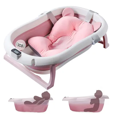 Produktbild von Faltbare Babybadewanne, Badewanne für Neugeborene mit weicher Badematte und Echtzeit-Anzeige der Wassertemperatur, rosa Badewanne + Badematte