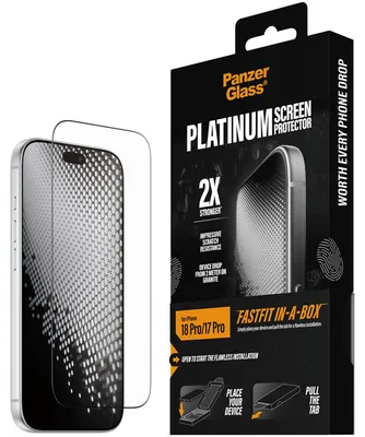 Obrázok produktu pre PanzerGlass ® Platinum Screen Protector iPhone 18 Pro | 17 Pro | Ultra-Wide Fit w. FASTFIT IN-A-BOX, Apple - iPhone 18 Pro, Apple - iPhone 17 Pro, Suché aplikovanie, Odolné proti poškriabaniu, Odolný proti nárazom, Priehľadná, 1 kusov
