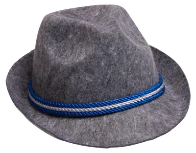 Produktbild von Fester grauer Filzhut mit asymmetrischer Krempe und weiß-blauem Kordelband