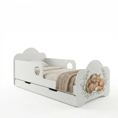 Obrázok produktu pre Detská postieľka Happy Babies s bočnicou pre chlapcov, 160 x 80 cm, do detskej izby, so zásuvkou, matrac, jednolôžková detská postieľka, biela, nálepky, líšky