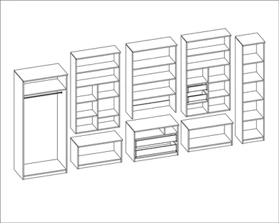 A collection of modular furniture pieces, including shelves and cabinets, arranged in a line.