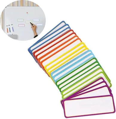 Produktbild von 54 Stück Selbstklebende Metall-Namensschilder mit Magneten - Dauerhafte Namensetiketten in 9 Farben - 3 x 8 cm Größe