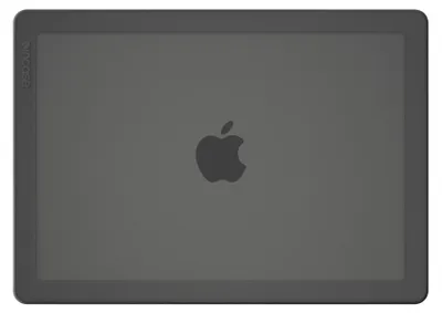 The back of a dark gray laptop case with an Apple logo in the center.