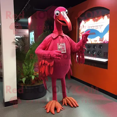 Produktbild von Kastanienbrauner REDBROKOLY Flamingo Maskottchen Kostüm charakter bekleidet mit einem Rashguard und Wraps
