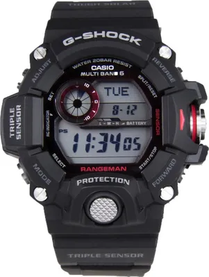 A close-up, front-facing studio shot of a black Casio G-Shock watch.