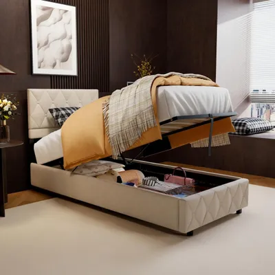 Produktbild von okwish Polsterbett 90x200 Einzelbett mit Kopfteil in Knopfnahtverzierung,Jugendbett mit Lattenrost und Metallrahmen(Ohne Matratze)-Beige
