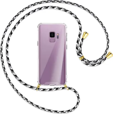 Produktbild von Handykette Backcover-Schutzhülle mit Band (Metall goldfarben) für Samsung Galaxy S9 - schwarz/grau/weiß