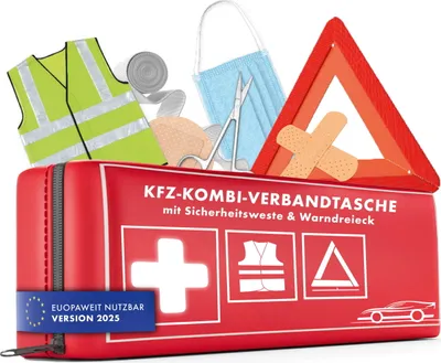 Produktbild von WALSER KFZ Verbandstasche 2025 StVO konform, 3in1 Auto Erste Hilfe Set mit Pannendreieck und Warnweste, Kombitasche Verbandskasten 2025, Erste Hilfe Kasten Warnweste Auto + Warndreieck KFZ DIN 13164
