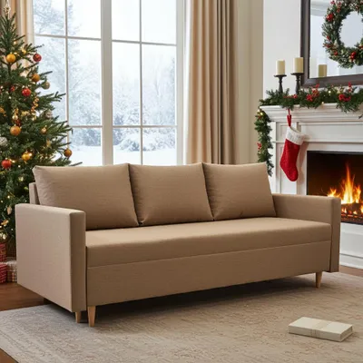 Produktbild von DMSM Scandik 3 Skandinavisches Schlafsofa, Beige, Polsterstoff mit Bonellfedern, 210x88x90 cm, Ausziehbar mit Bettkasten, 140x190 cm Liegefläche