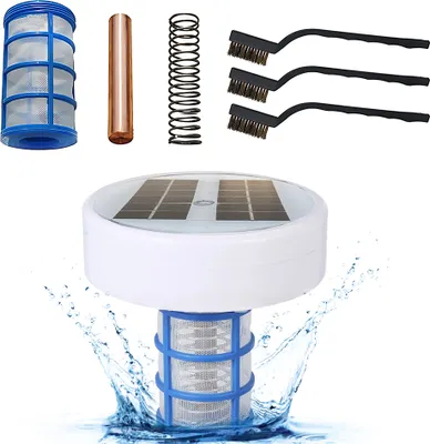 A solar-powered pool ionizer and its accessories are displayed against a white background, with water splashing around the ionizer.