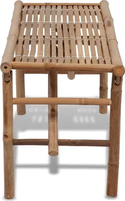 A close-up, front-facing view of a foldable bamboo garden bench.