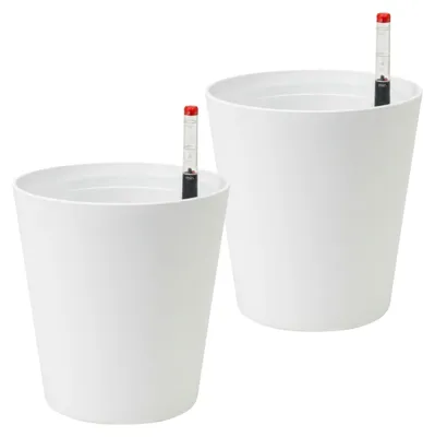 Produktbild von Leni FLORI orchid Orchideentöpfe 2er Komplett-Set Ø 13 cm H 15 cm Weiß mit Übertopf Innentopf Drainagescheibe und Gießanzeiger Kunststoff zum Umtopfen für Orchideen